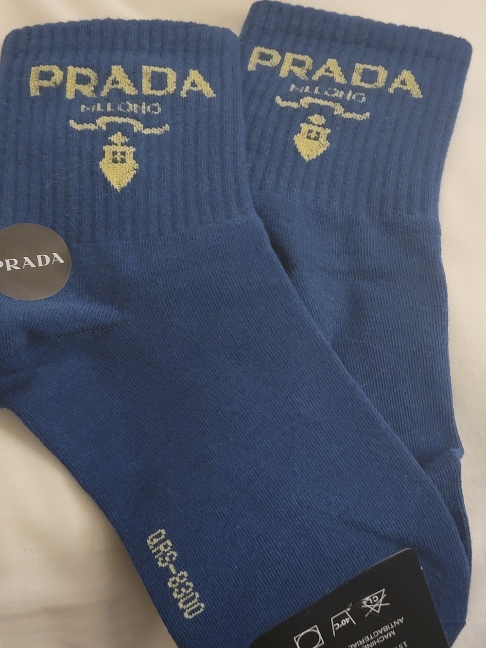 Prada Blue Crew Socks with Cream Logo